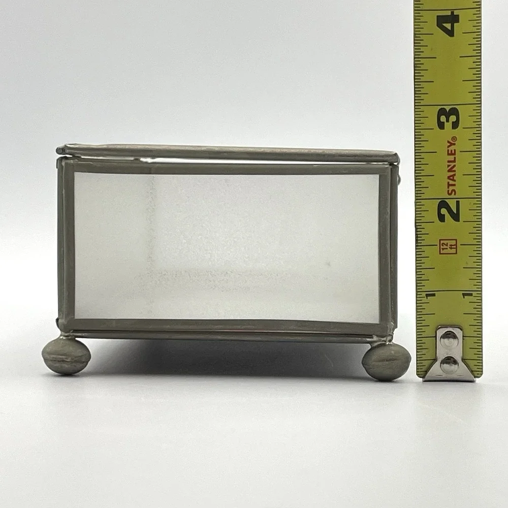 Vintage Taiwan Stained Glass Jewelry Trinket Box Frosted Glass Purple Lily